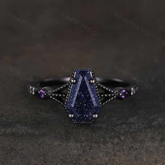 Coffin cut blue sandstone engagement ring Black gold ring Art deco milgrain amethyst wedding ring gothic galaxy ring bridal promise ring