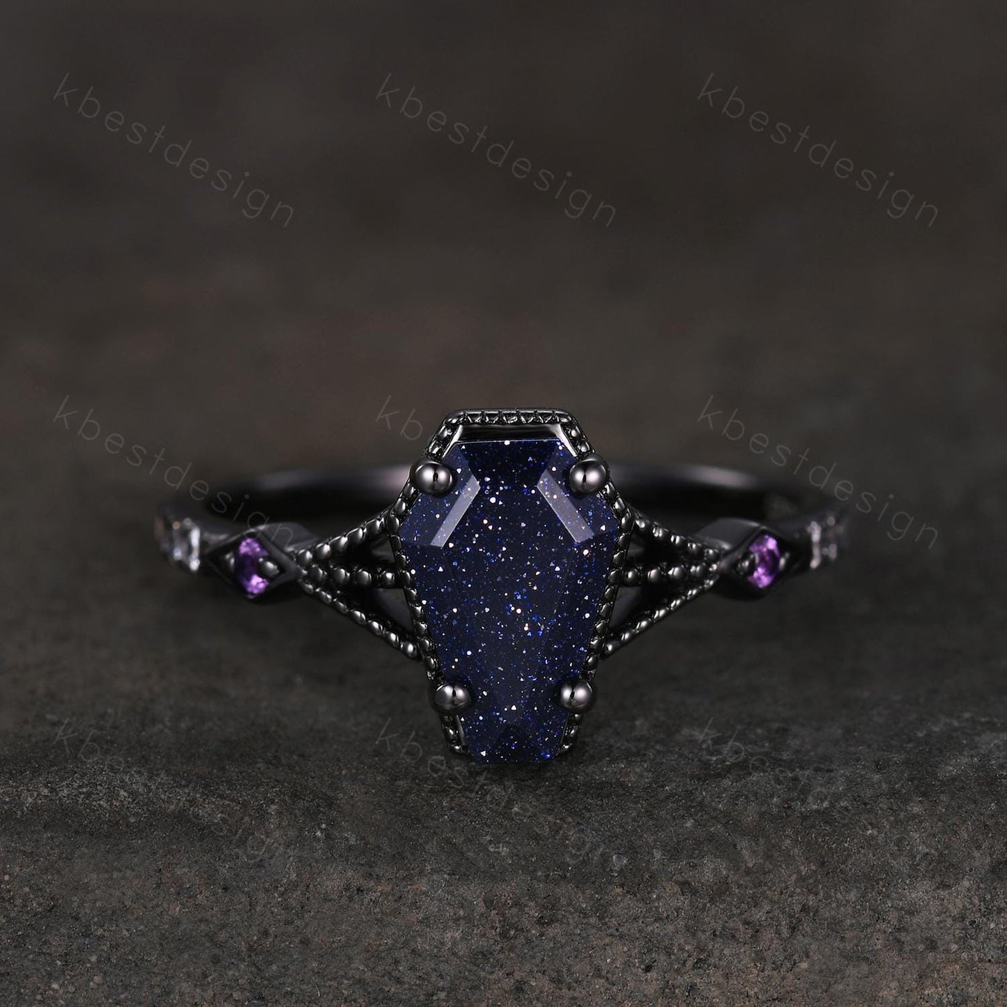 Coffin cut blue sandstone engagement ring Black gold ring Art deco milgrain amethyst wedding ring gothic galaxy ring bridal promise ring