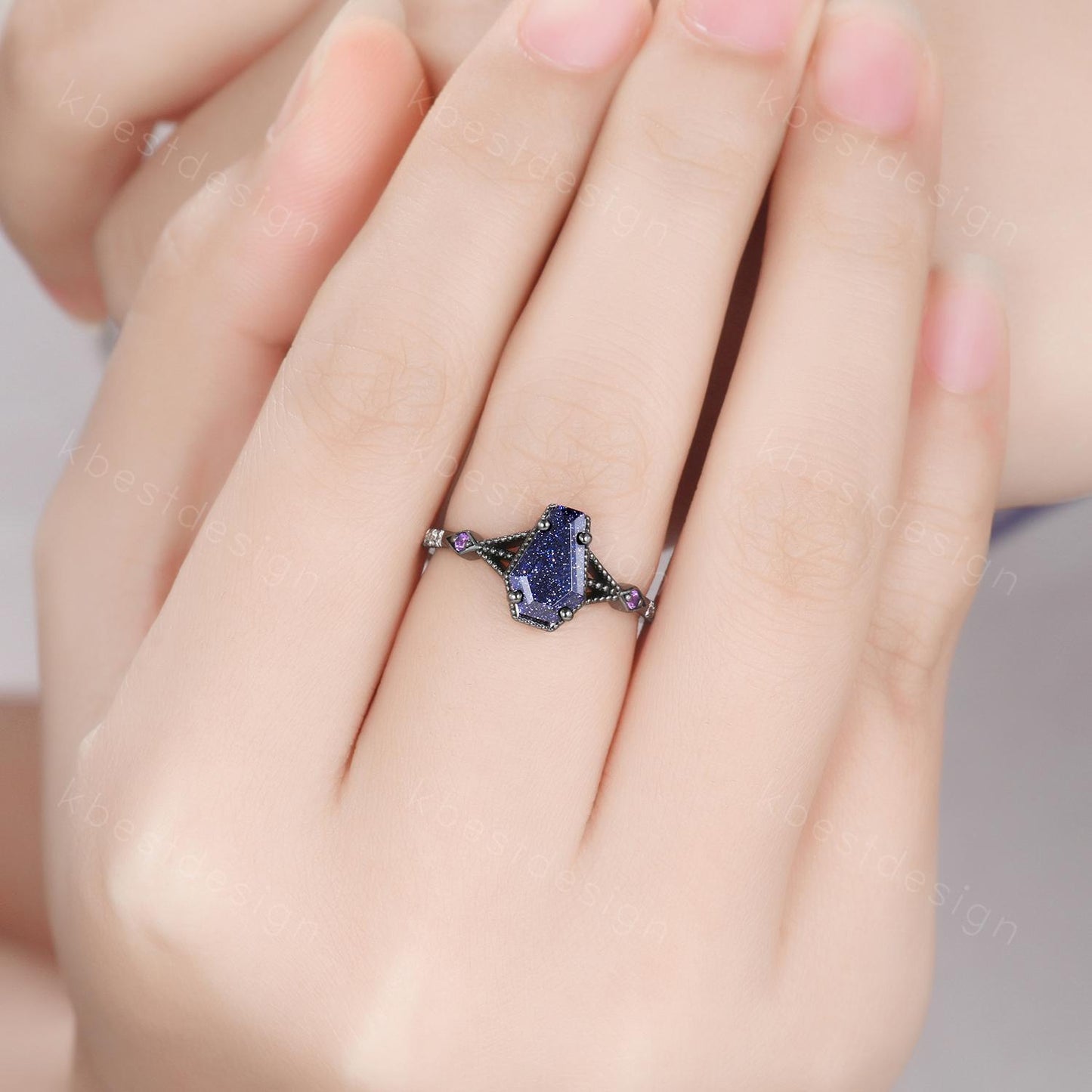 Coffin cut blue sandstone engagement ring Black gold ring Art deco milgrain amethyst wedding ring gothic galaxy ring bridal promise ring