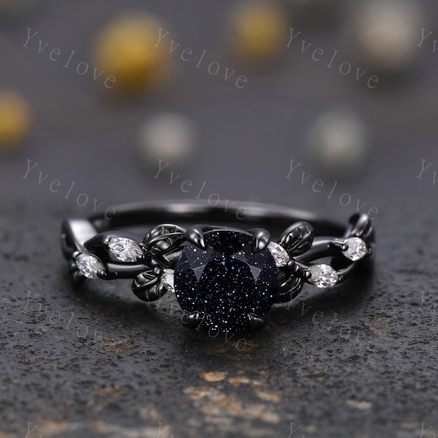 Round Blue Sandstone Engagement Ring,twig leaf marquise moissanite,14k rose gold,Galaxy sandstone vintage unique promise gift for women