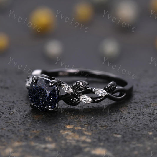 Round Blue Sandstone Engagement Ring,Cluster twig leaf marquise moissanite,Black gold,Galaxy sandstone vintage unique promise gift for women