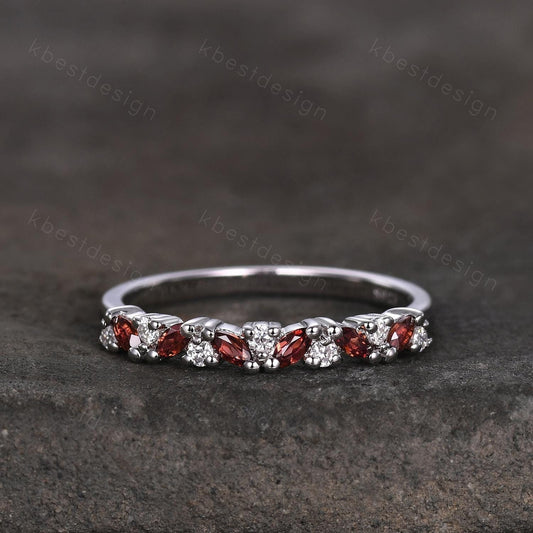 Garnet cluster wedding band Unique marquise cut garnet wedding band Vintage Moissanite ring Sterling silver ring Anniversary gift for Her