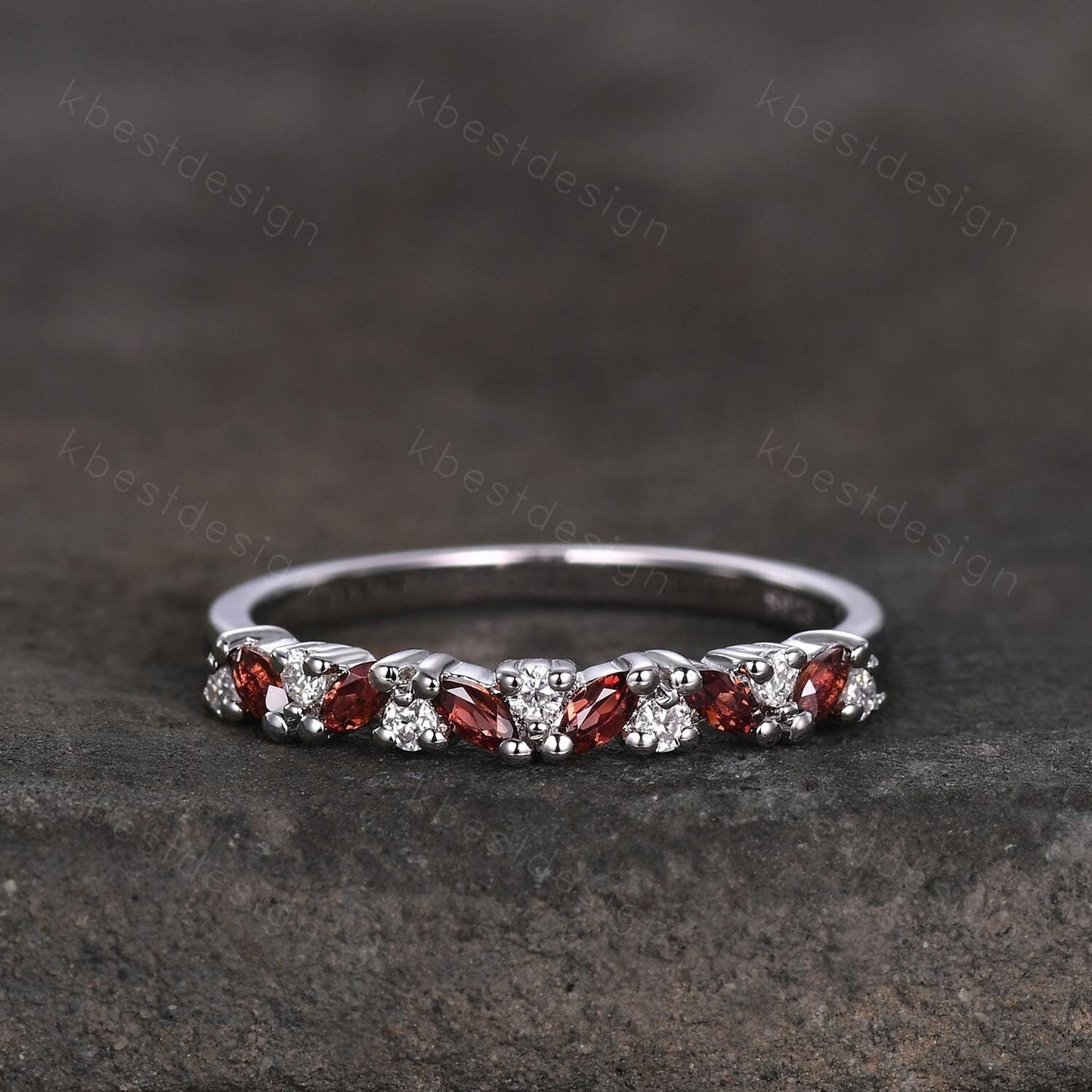 Garnet cluster wedding band Unique marquise cut garnet wedding band Vintage Moissanite ring Sterling silver ring Anniversary gift for Her