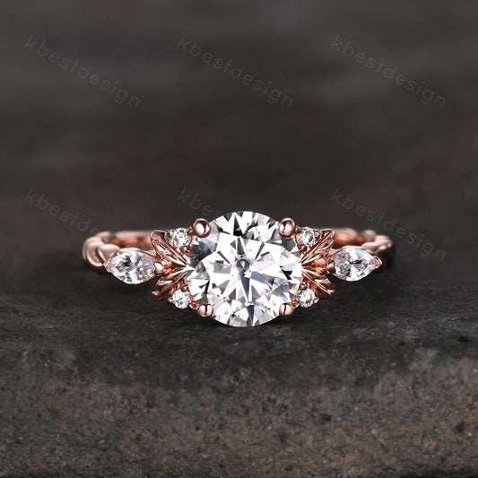 Vintage round Moissanite engagement ring nature inspired ring rose gold branch leaf ring Unique twisted band Bridal Promise ring