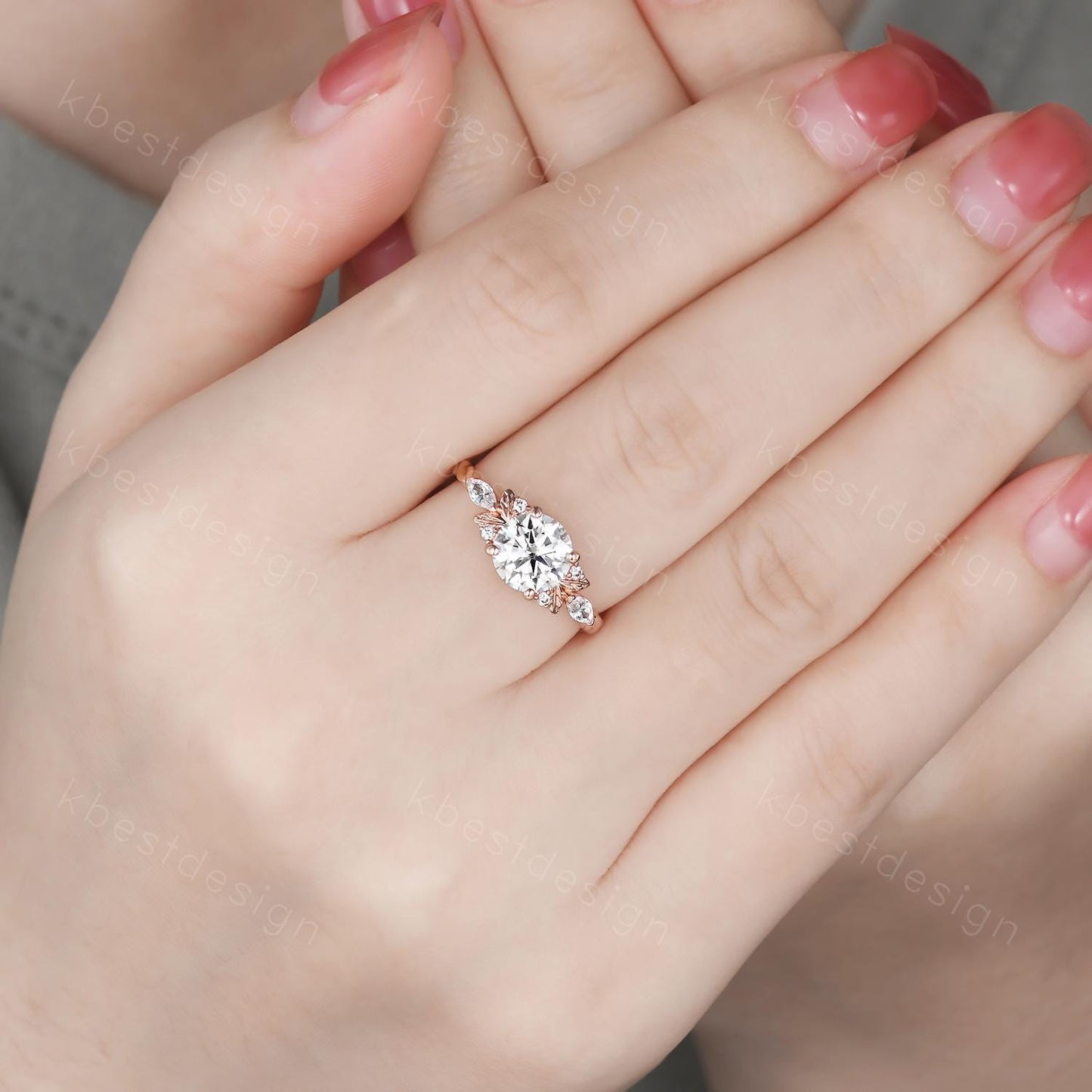 Vintage round Moissanite engagement ring nature inspired ring rose gold branch leaf ring Unique twisted band Bridal Promise ring