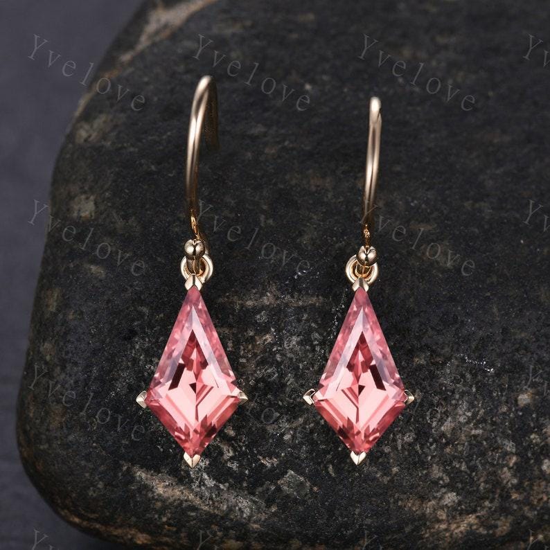 Unique Kite Cut Padparadscha Sapphire Earrings Women Dangle Earrings Art Deco Drop Hook Earrings September Birthstone Sapphire Jewelry Gift