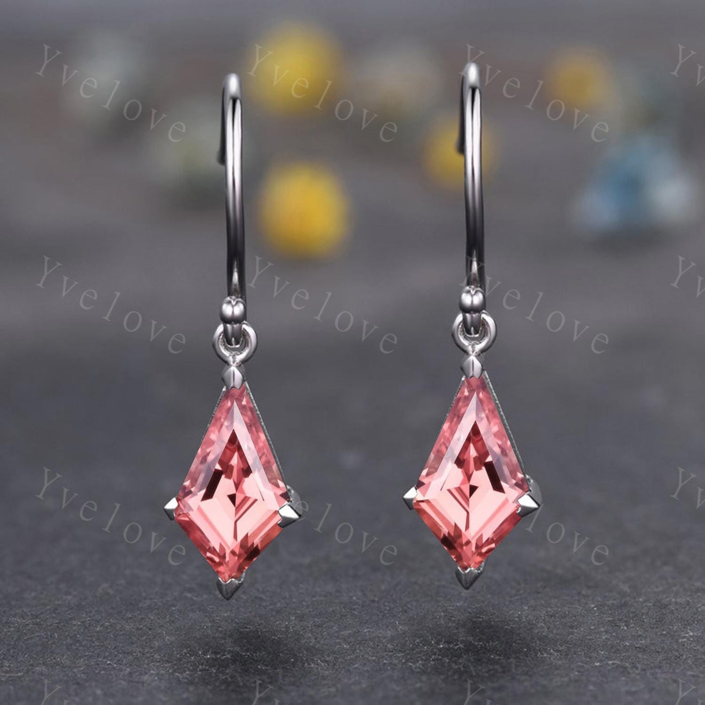 Unique Kite Cut Padparadscha Sapphire Earrings Women Dangle Earrings Art Deco Drop Hook Earrings September Birthstone Sapphire Jewelry Gift