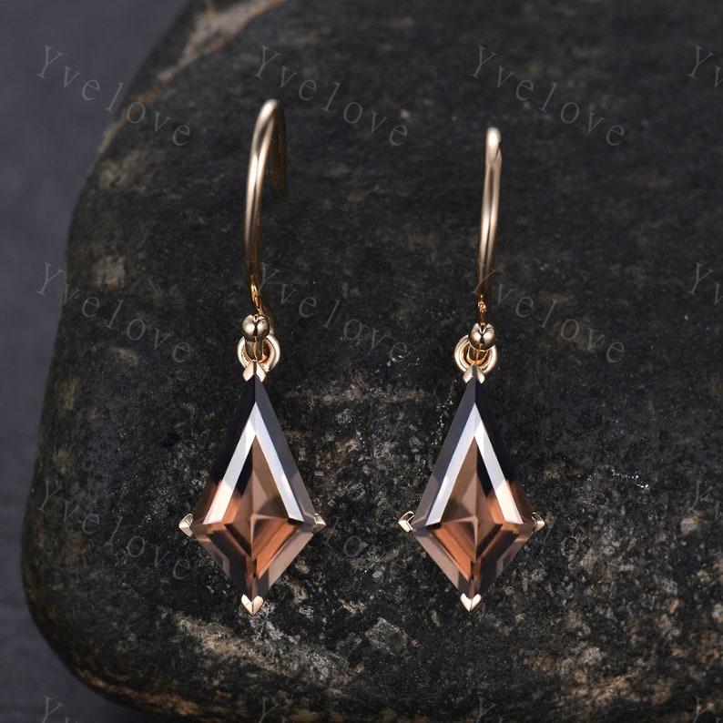 Vintage Kite Shaped Smoky Quartz Earrings Natural Quartz Earrings Statement Drop Earrings Hook Earrings Gemstone Earrings Anniversary Gift