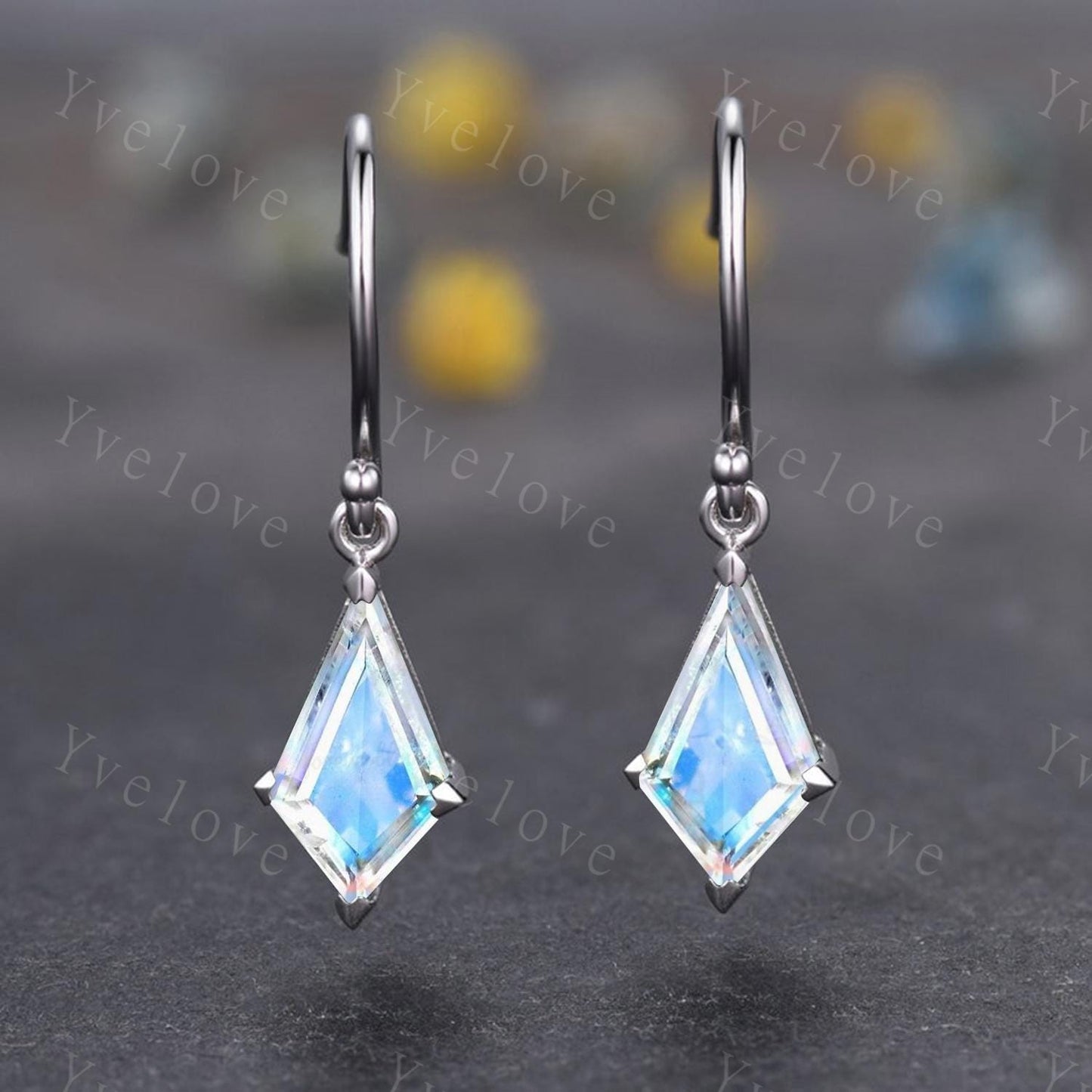 Vintage Kite Shaped Rainbow Moonstone Earrings Moonstone Wedding Dangles Silver Hook Earrings June Birthstone Moonstone Jewelry Gift for Her