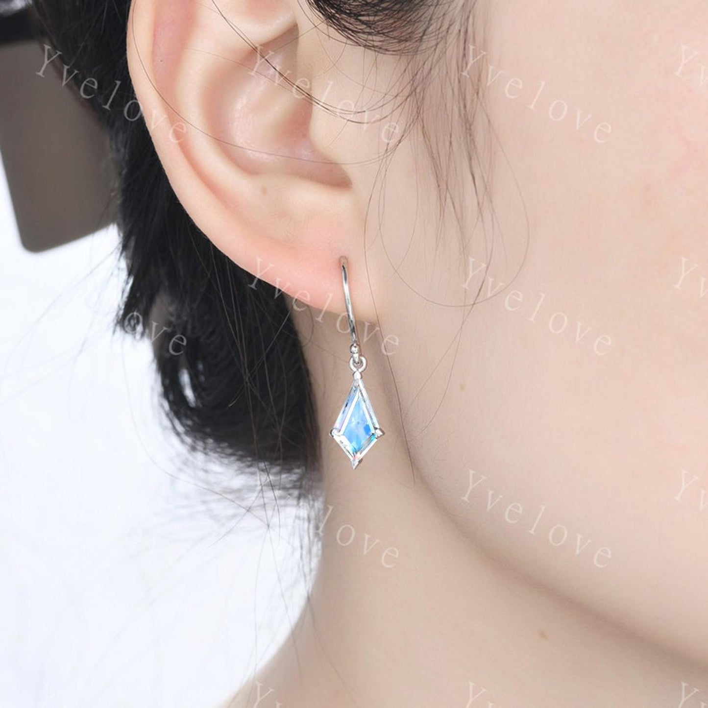 Vintage Kite Shaped Rainbow Moonstone Earrings Moonstone Wedding Dangles Silver Hook Earrings June Birthstone Moonstone Jewelry Gift for Her