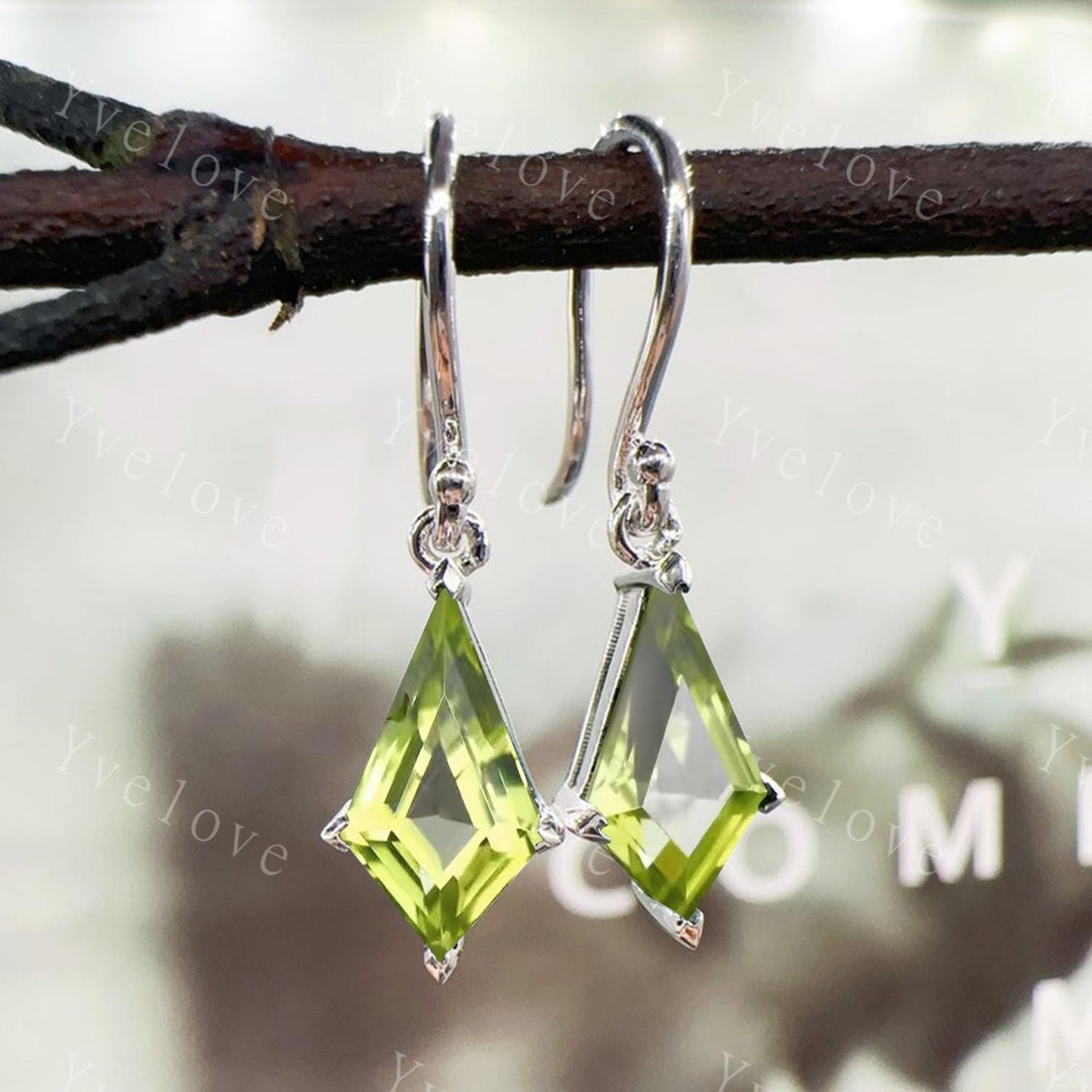 Kite Shape Peridot Wedding Earring,Dangle Drop Earring,Art Deco Green Peridot Earrings,August Birthstone,Hook Earrings,Birthday Gift For Her