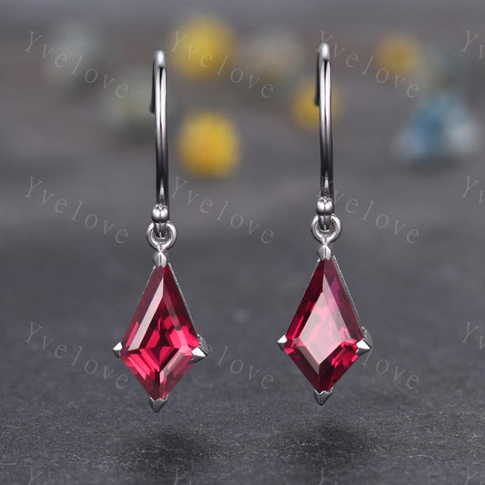 Dainty Kite Cut Red Ruby Earrings Dangle Wedding Earrings Vintage Ruby Drop Earrings Hook Earrings July Birthstone Ruby Jewelry Gift For Her