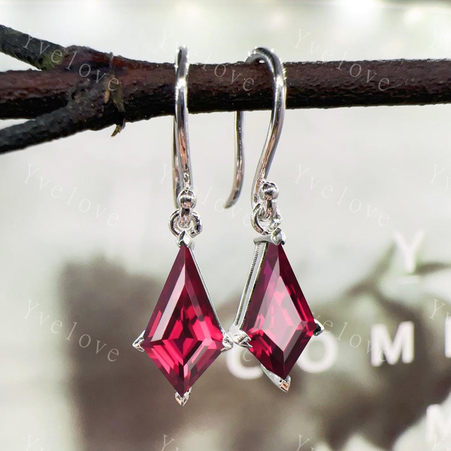 Dainty Kite Cut Red Ruby Earrings Dangle Wedding Earrings Vintage Ruby Drop Earrings Hook Earrings July Birthstone Ruby Jewelry Gift For Her
