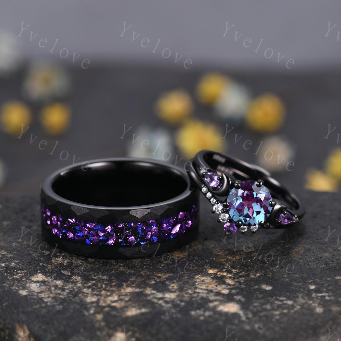 Alexandrite Amethyst Moon Couples Ring His and Hers Ring Set Tungsten Purple Matching Unique Wedding Band Outer Space Ring Promise Ring Gift