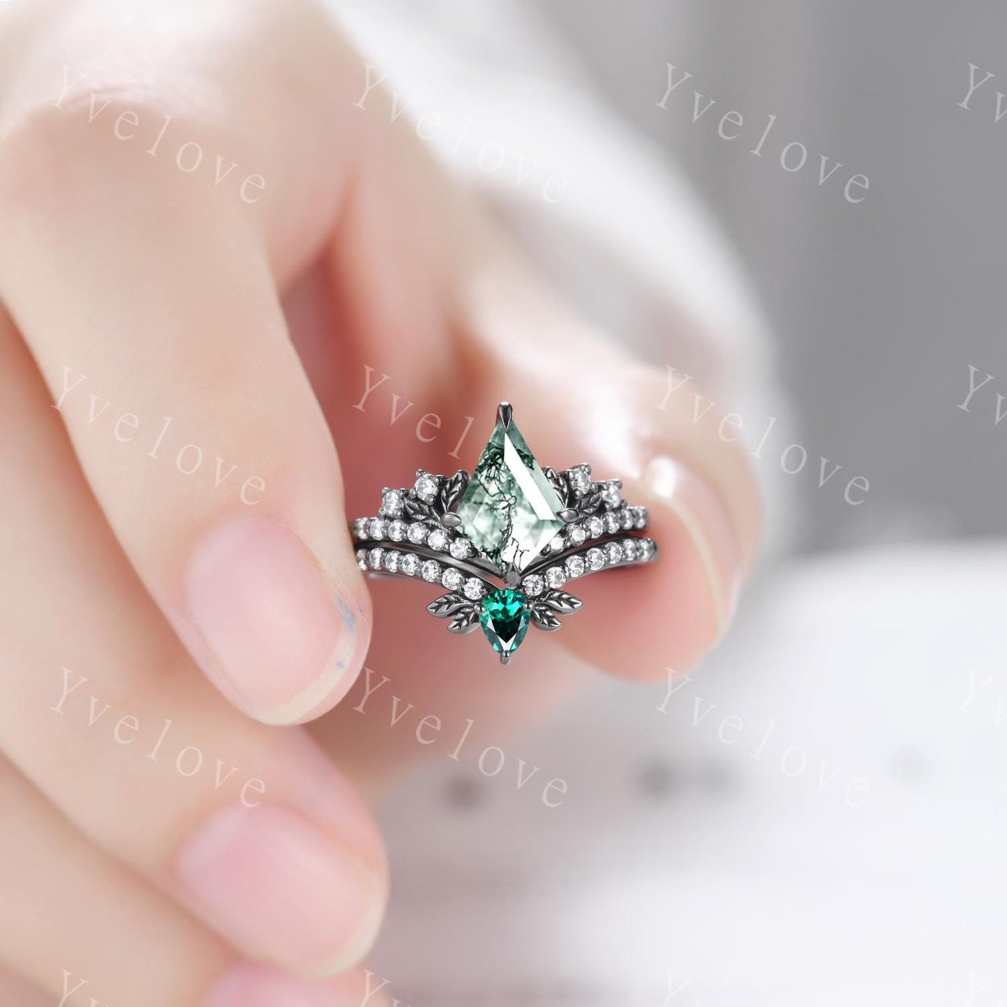Retro Kite Moss Agate Engagement Ring Set,Gothic Leaf Nature Inspired Black Gold Ring,Green Jewelry Diamond Bridal Promise Ring Women Ring