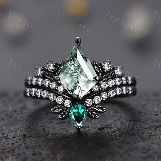 Retro Kite Moss Agate Engagement Ring Set,Gothic Leaf Nature Inspired Black Gold Ring,Green Jewelry Diamond Bridal Promise Ring Women Ring
