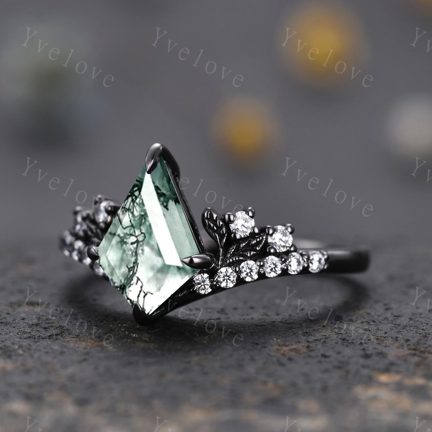 Retro Kite Moss Agate Engagement Ring Set,Gothic Leaf Nature Inspired Black Gold Ring,Green Jewelry Diamond Bridal Promise Ring Women Ring