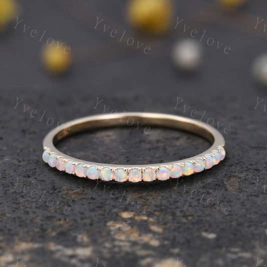 1.5mm Opal Ring,Opal Wedding Band,14K Solid Gold,Half Eternity Band,Stacking Ring,Matching Band,Promise Ring,Anniversary Gift for Women