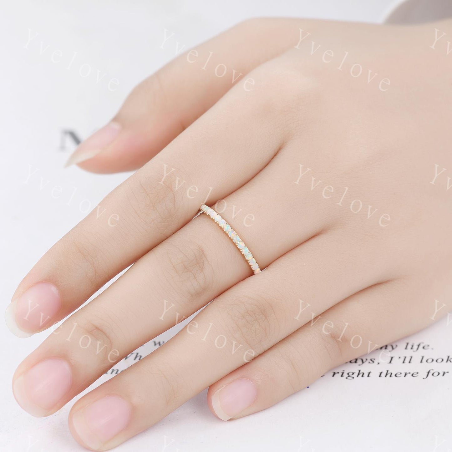 1.5mm Opal Ring,Opal Wedding Band,14K White Gold,Half Eternity Band,Stacking Ring,Matching Band,Promise Ring,Anniversary Gift for Women