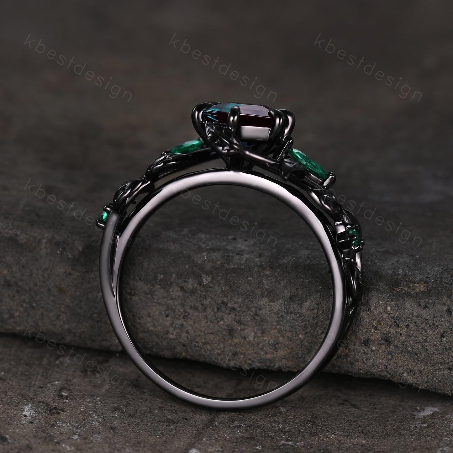 Vintage hexagon cut alexandrite engagement ring gothic black gold art deco emerald leaf ring nature inspired bridal promise ring for her