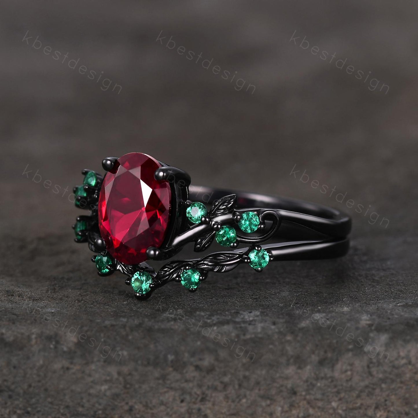 Vintage oval ruby engagement ring set black gold twig leaf emerald ring nature branch ring unique art deco bridal wedding ring set July ring