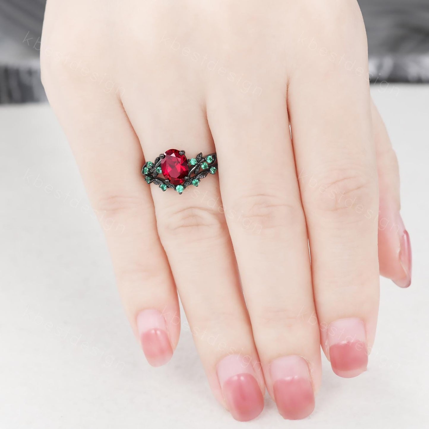 Vintage oval ruby engagement ring set black gold twig leaf emerald ring nature branch ring unique art deco bridal wedding ring set July ring