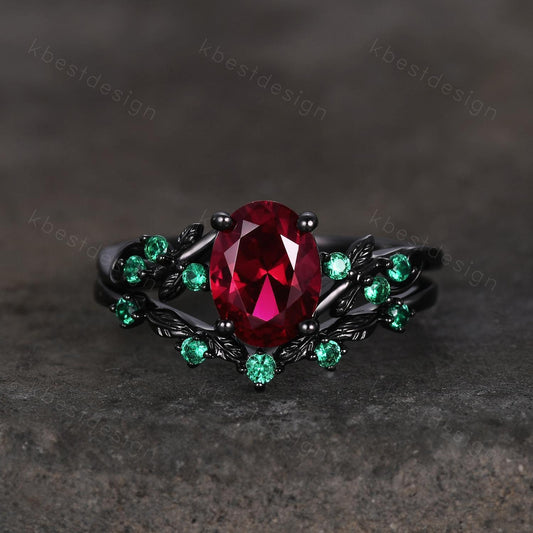 Vintage oval ruby engagement ring set black gold twig leaf emerald ring nature branch ring unique art deco bridal wedding ring set July ring
