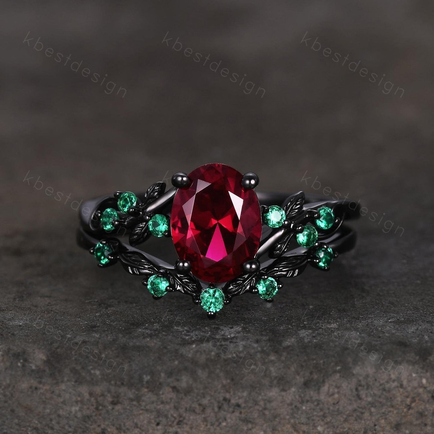 Vintage oval ruby engagement ring set black gold twig leaf emerald ring nature branch ring unique art deco bridal wedding ring set July ring