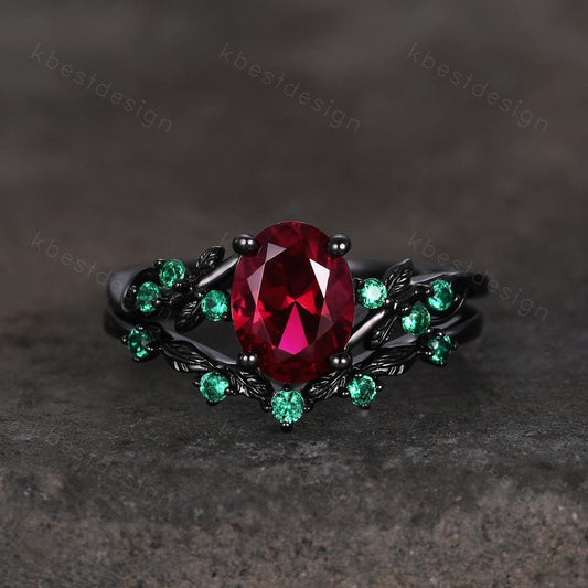 Vintage oval ruby engagement ring set black gold twig leaf emerald ring nature branch ring unique art deco bridal wedding ring set July ring