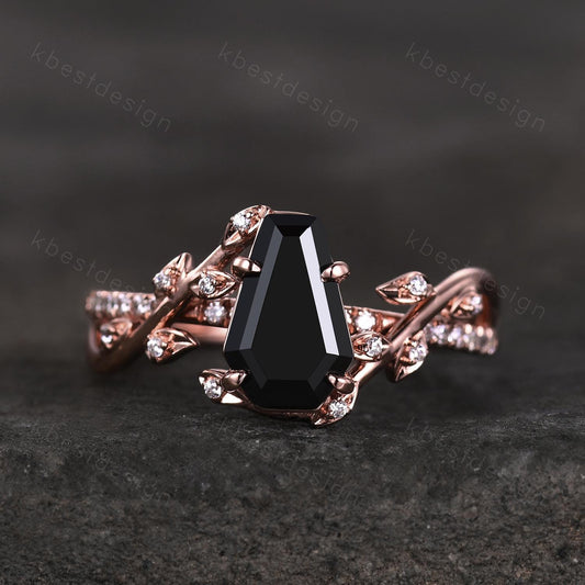 Coffin cut black onyx engagement ring Rose gold ring Art deco twig leaf moissanite wedding ring nature inspired ring bridal promise ring