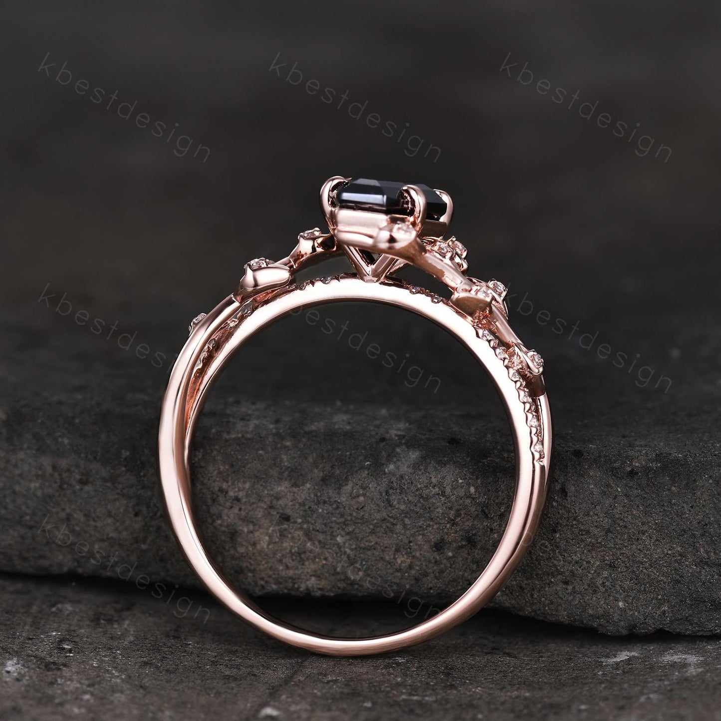Coffin cut black onyx engagement ring Rose gold ring Art deco twig leaf moissanite wedding ring nature inspired ring bridal promise ring