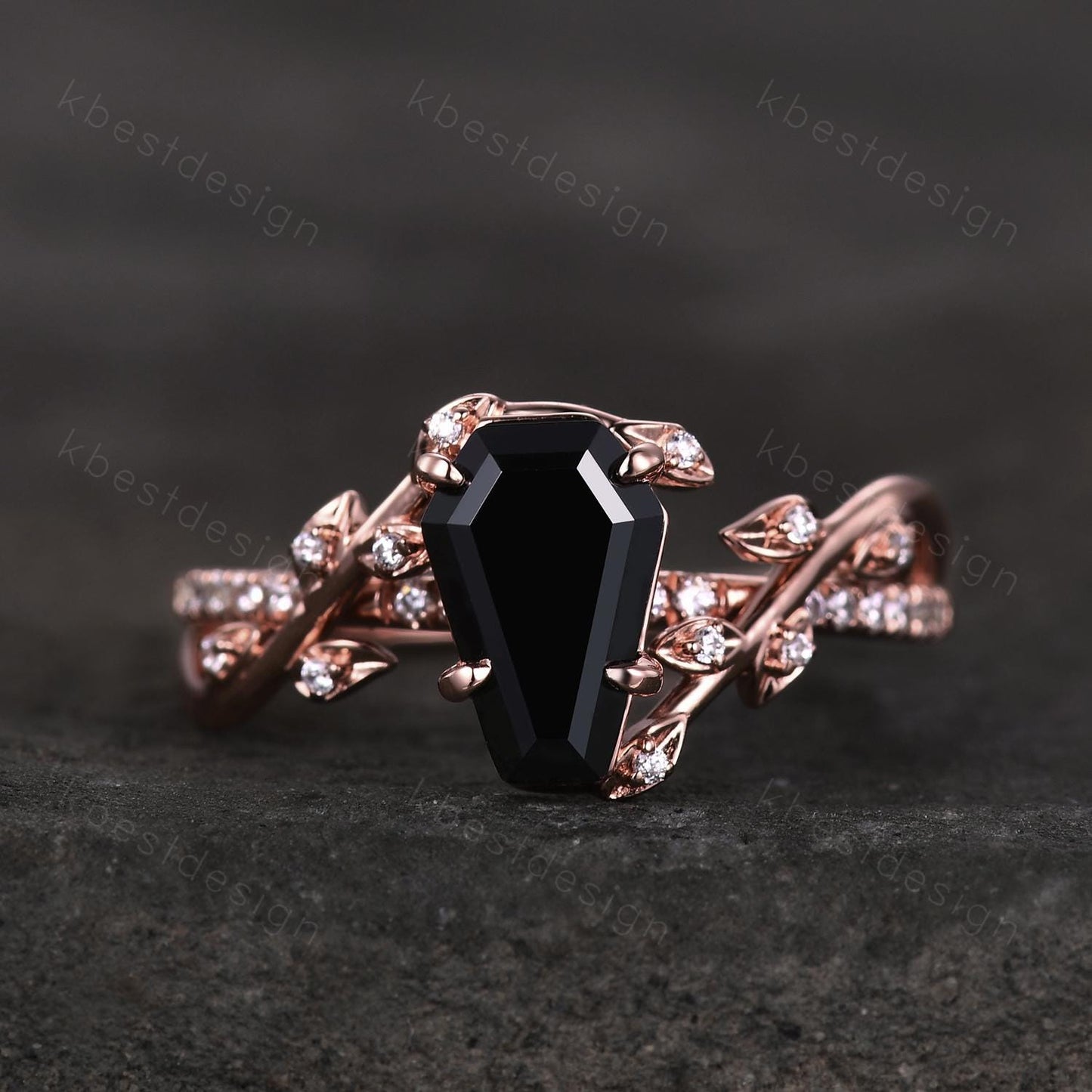 Coffin cut black onyx engagement ring Rose gold ring Art deco twig leaf moissanite wedding ring nature inspired ring bridal promise ring