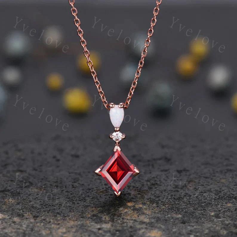 Vintage unique lozenge moissanite necklace solid 14k rose gold opal diamond personalized pendant for women anniversary bridal gift for her