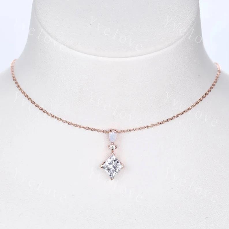 Vintage unique lozenge moissanite necklace solid 14k rose gold opal diamond personalized pendant for women anniversary bridal gift for her