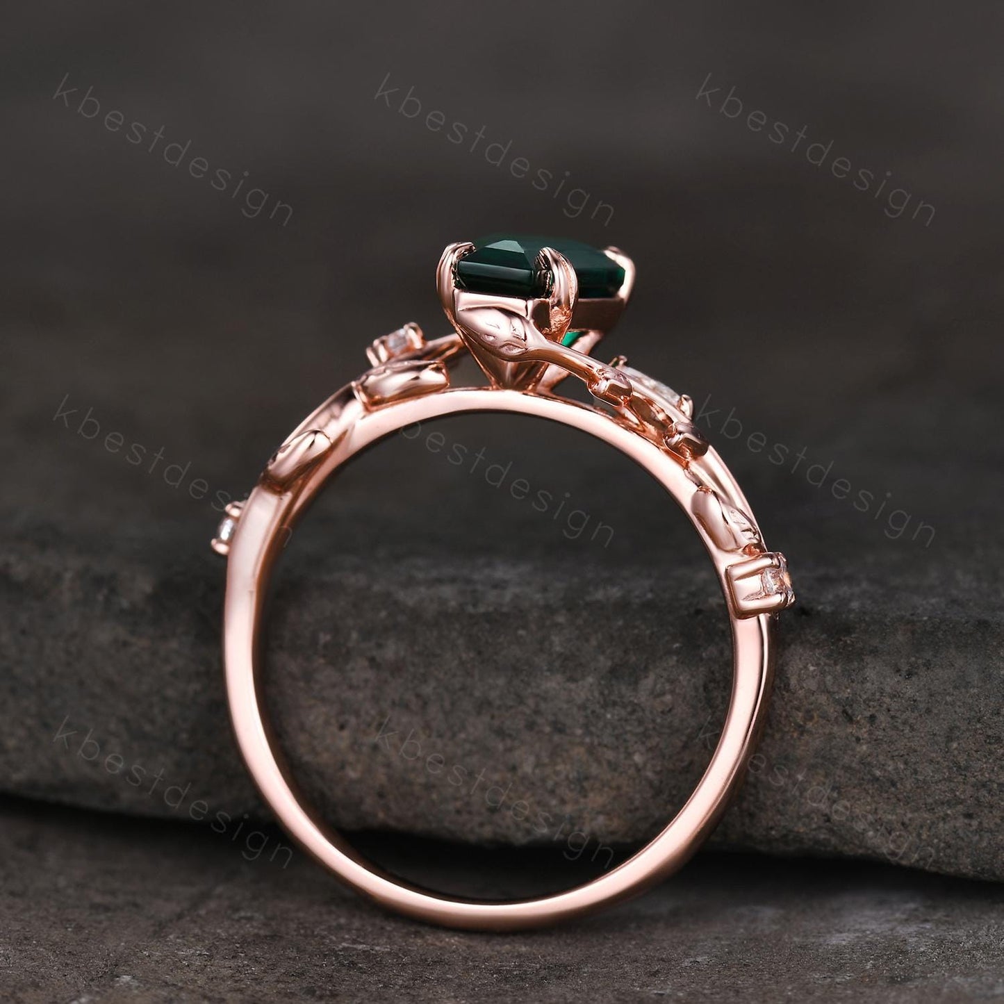 Vintage coffin green emerald engagement ring rose gold twig leaf moissanite wedding ring nature inspired ring Emerald bridal promise ring