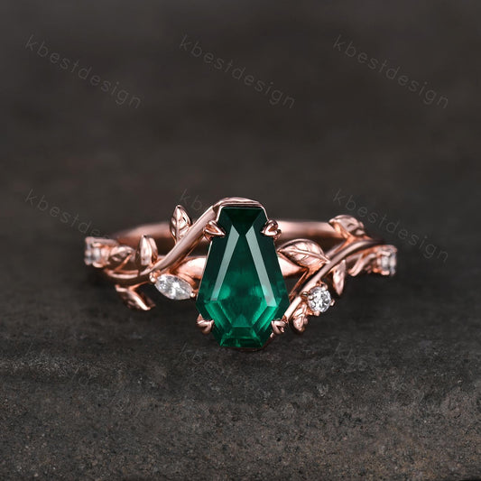 Vintage coffin green emerald engagement ring rose gold twig leaf moissanite wedding ring nature inspired ring Emerald bridal promise ring