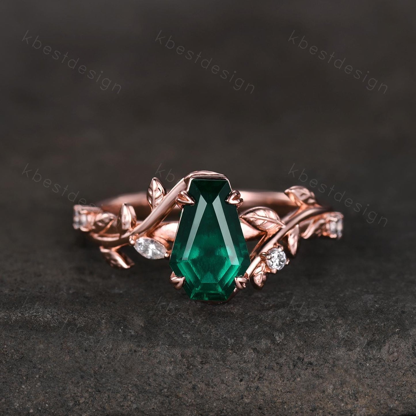 Vintage coffin green emerald engagement ring rose gold twig leaf moissanite wedding ring nature inspired ring Emerald bridal promise ring