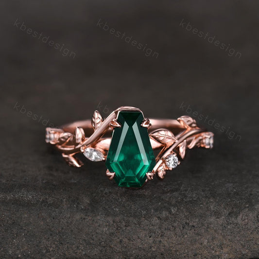 Vintage coffin green emerald engagement ring rose gold twig leaf moissanite wedding ring nature inspired ring Emerald bridal promise ring