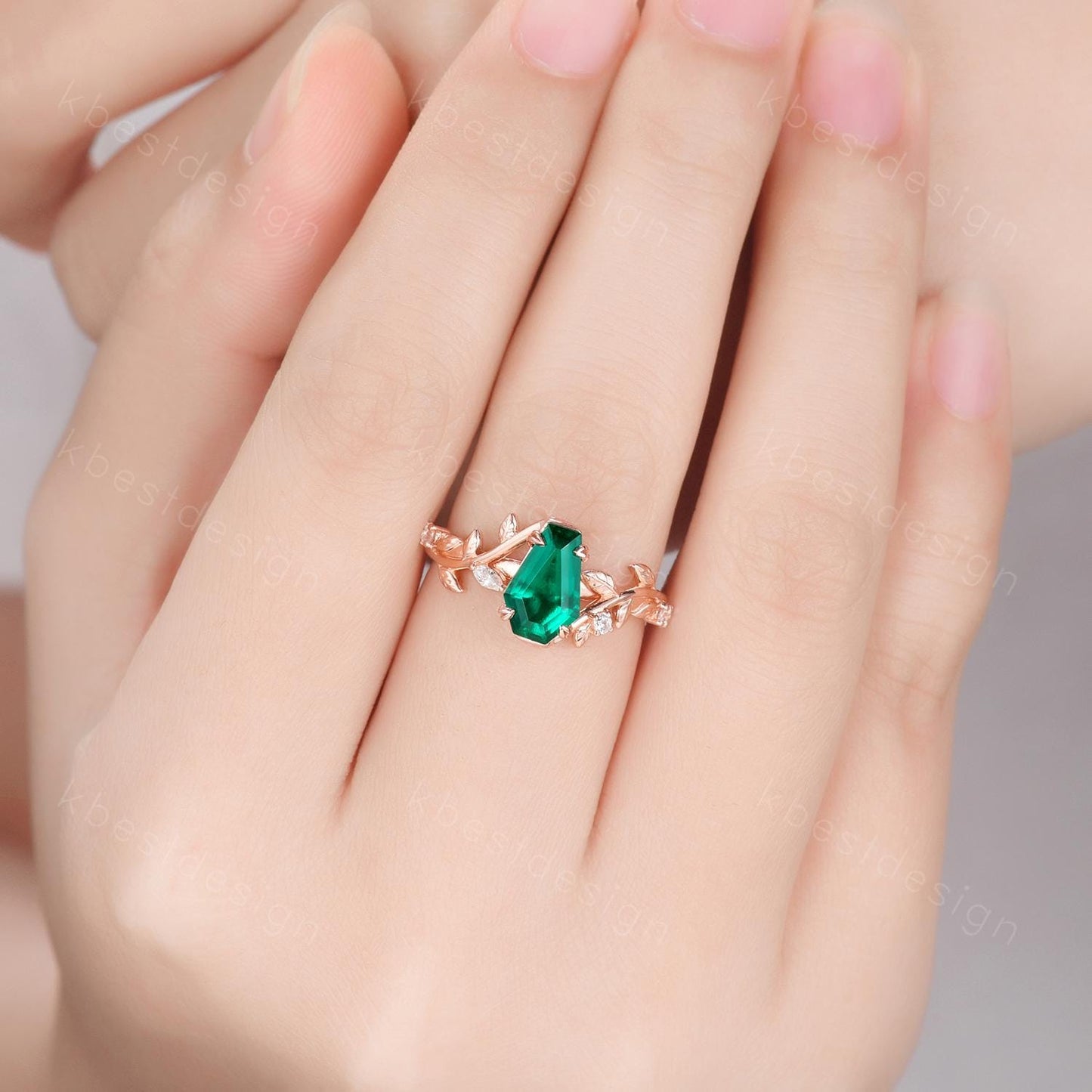 Vintage coffin green emerald engagement ring rose gold twig leaf moissanite wedding ring nature inspired ring Emerald bridal promise ring