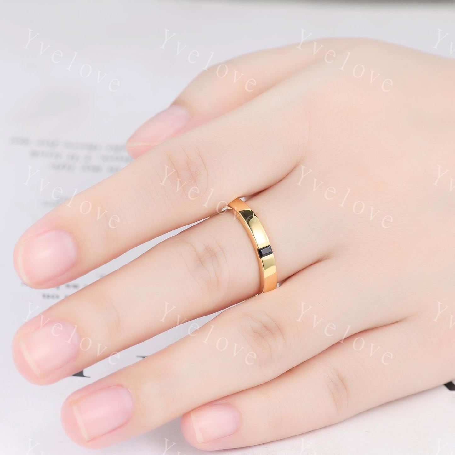 3mm Mens Baguette Black Onyx Wedding Band Natural Onyx Band Solid Gold Ring Mens Smooth Stacking Matching Band Vintage Ring Bridegroom Gift
