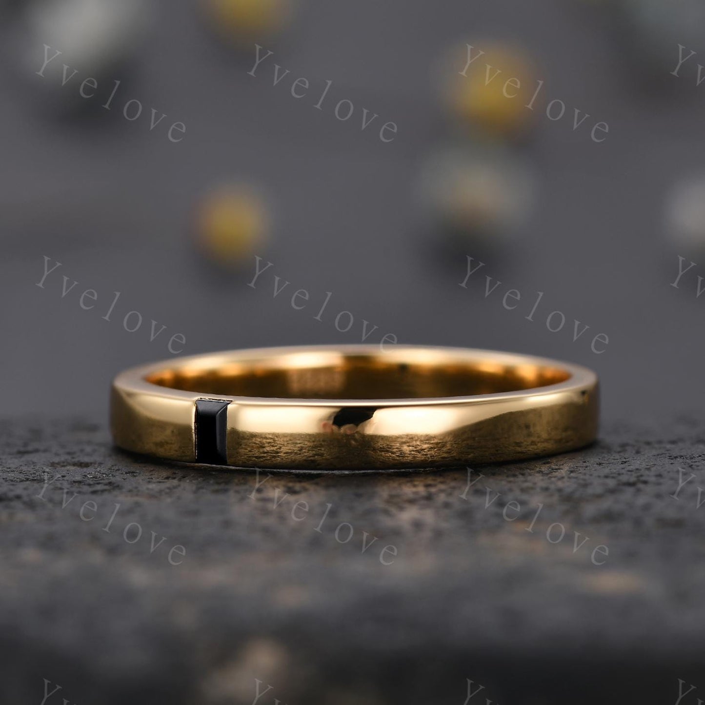 3mm Mens Baguette Black Onyx Wedding Band Natural Onyx Band Solid Gold Ring Mens Smooth Stacking Matching Band Vintage Ring Bridegroom Gift