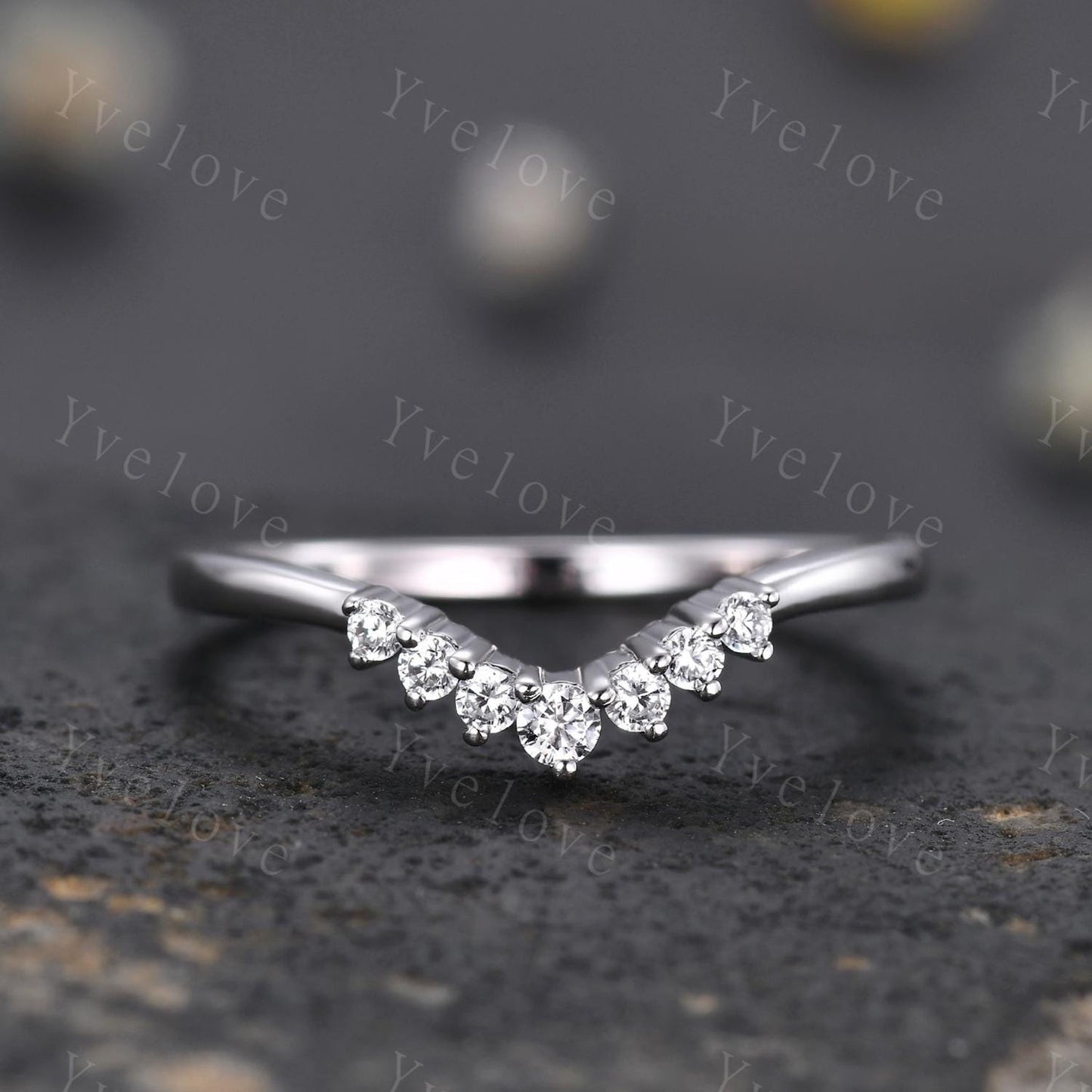 Dainty Moissanite wedding band Art Deco V Curved Moissanite wedding band Sterling Silver Stacking Match Band Bridal Promise Anniversary Gift