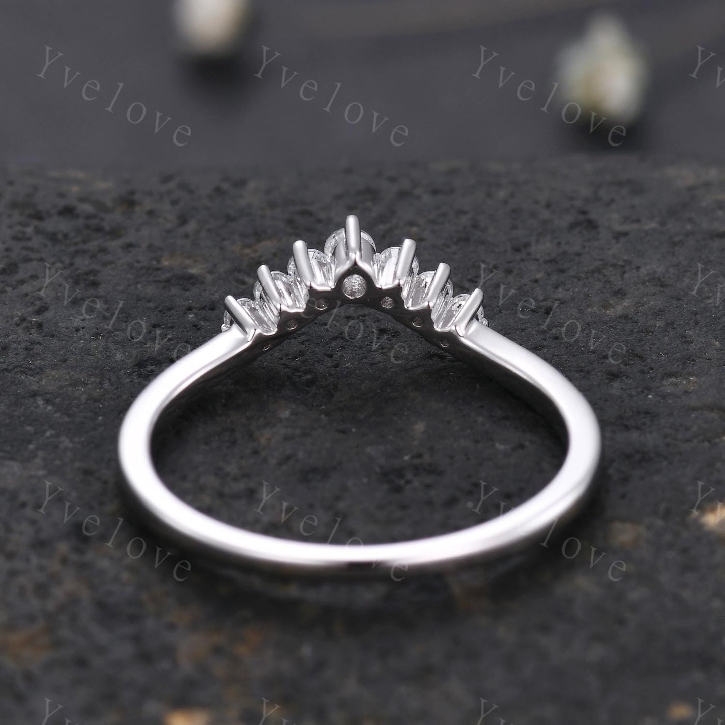 Dainty Moissanite wedding band Art Deco V Curved Moissanite wedding band Sterling Silver Stacking Match Band Bridal Promise Anniversary Gift
