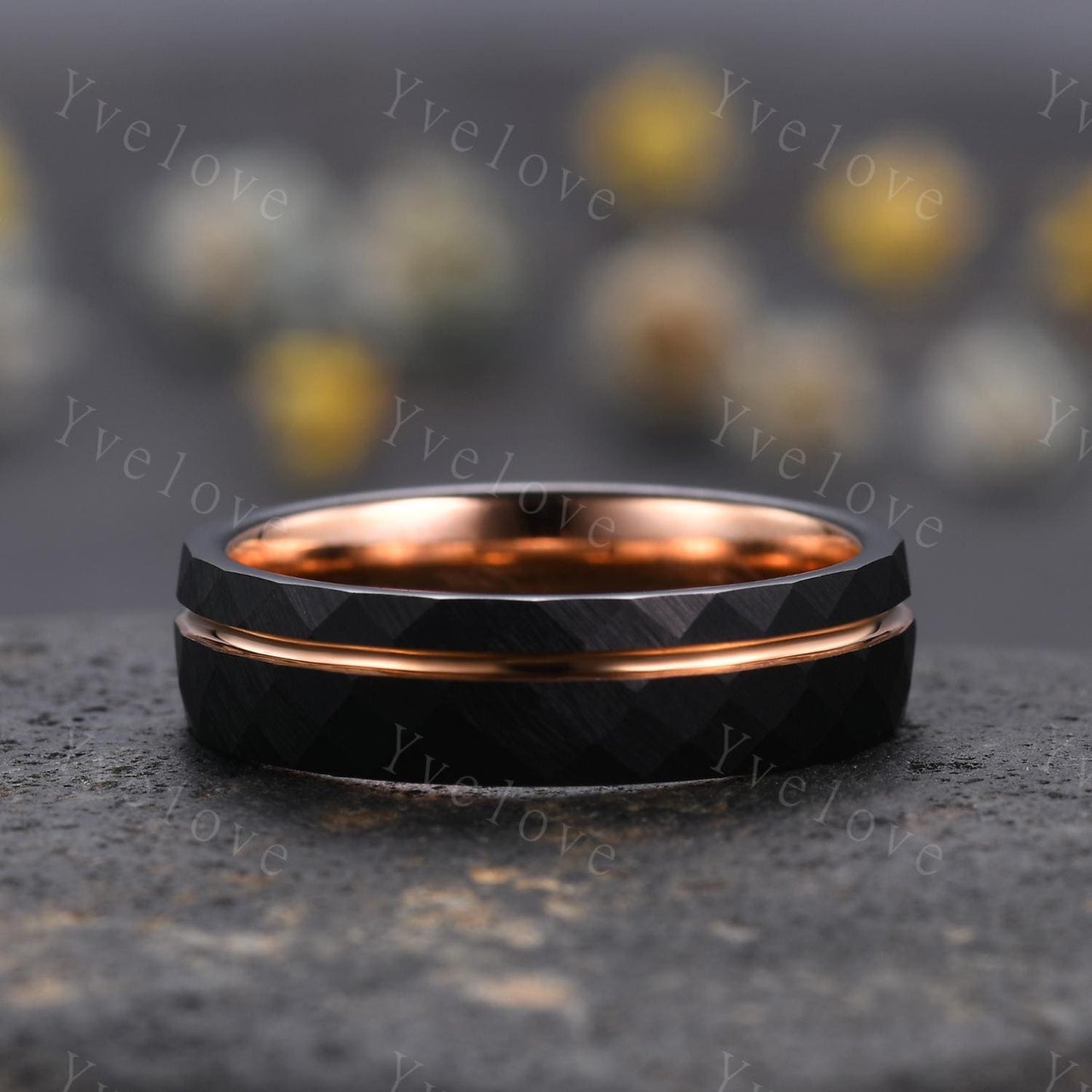 4mm/6mm Couples Ring Wedding Band Set,Black Tungsten Wedding Rings for Men Women,Rose Gold Faceted Promise Wedding Bands for Him and Her