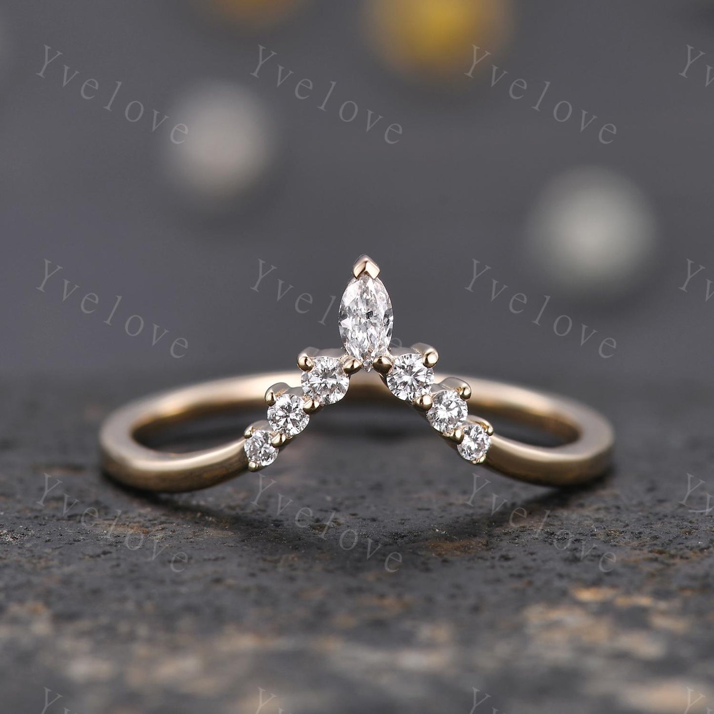 Dainty Marquise Moissanite Wedding Band Solid Gold Curve Ring,V Shaped Chevron Ring Diamond Stackable Matching Band Handmade Gift For Her