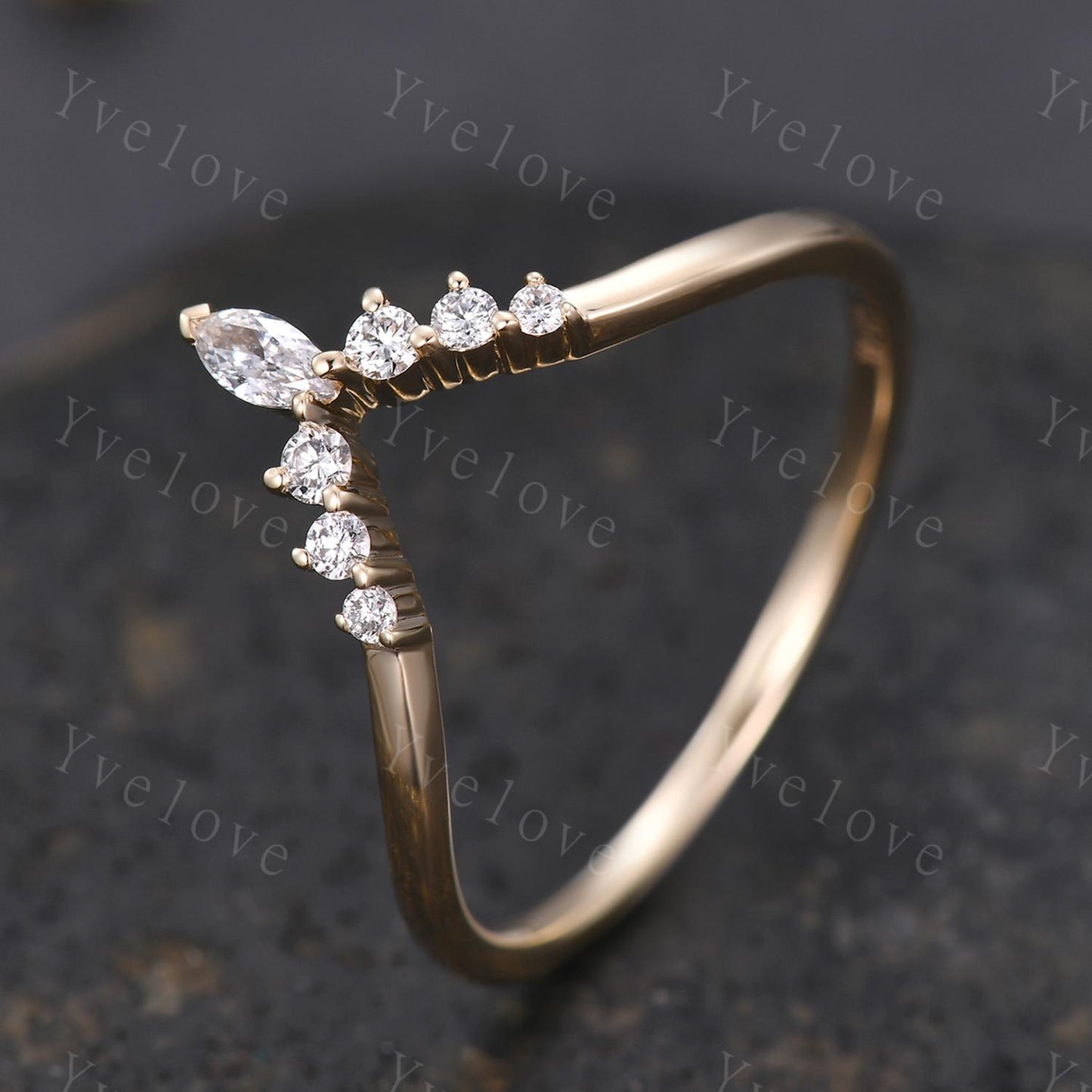 Dainty Marquise Moissanite Wedding Band Solid Gold Curve Ring,V Shaped Chevron Ring Diamond Stackable Matching Band Handmade Gift For Her