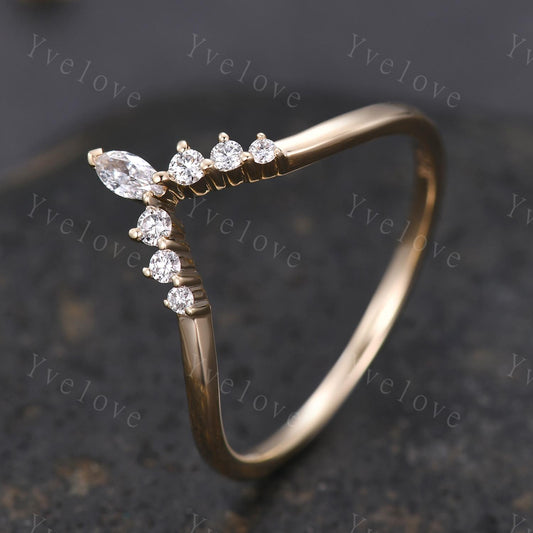 Dainty Marquise Moissanite Wedding Band Solid Gold Curve Ring,V Shaped Chevron Ring Diamond Stackable Matching Band Handmade Gift For Her