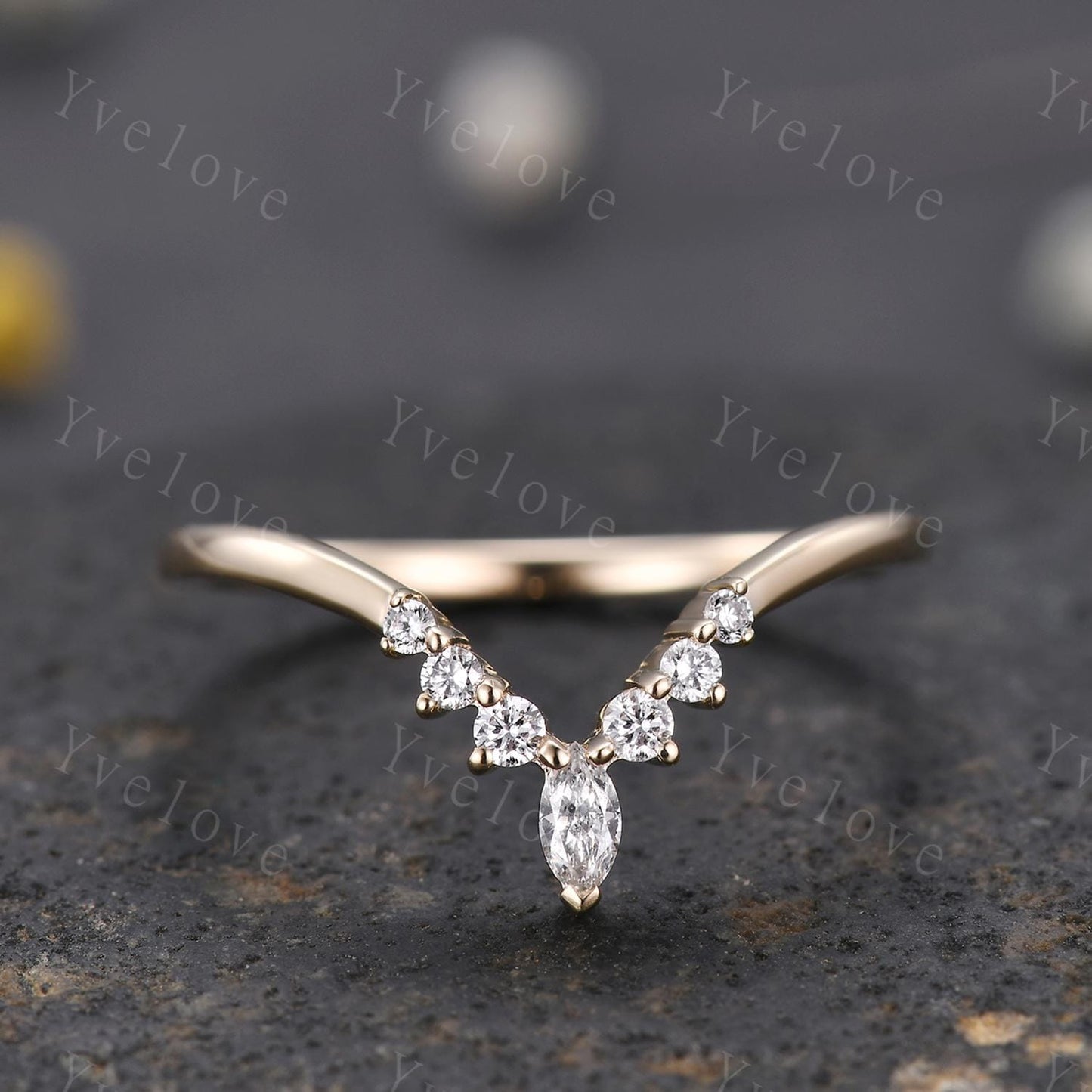Dainty Marquise Moissanite Wedding Band Solid Gold Curve Ring,V Shaped Chevron Ring Diamond Stackable Matching Band Handmade Gift For Her