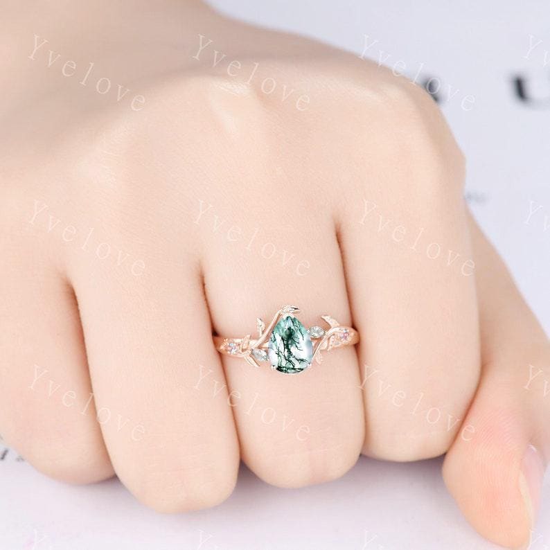 Teardrop Moss Agate Engagement ring 14K Rose Gold Leaf Nature Inspired Bridal Sets Promise Ring Green Gemstone Ring Jewelry gifts for her