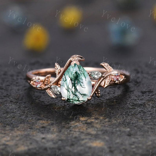 Teardrop Moss Agate Engagement ring 14K Rose Gold Leaf Nature Inspired Bridal Sets Promise Ring Green Gemstone Ring Jewelry gifts for her